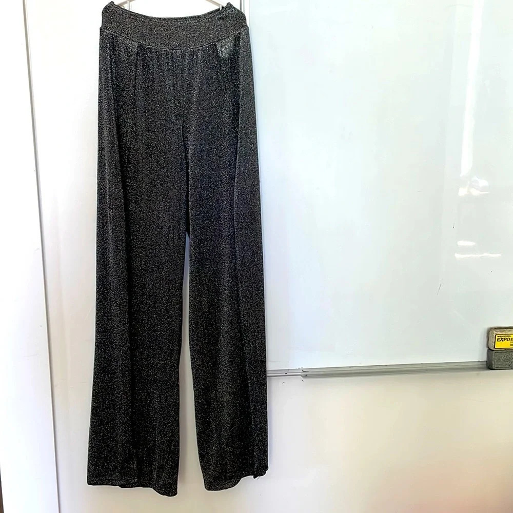 Fashion Nova Silver Sparkling Glitter Wide Leg Pants With Leg Slits Size Medium